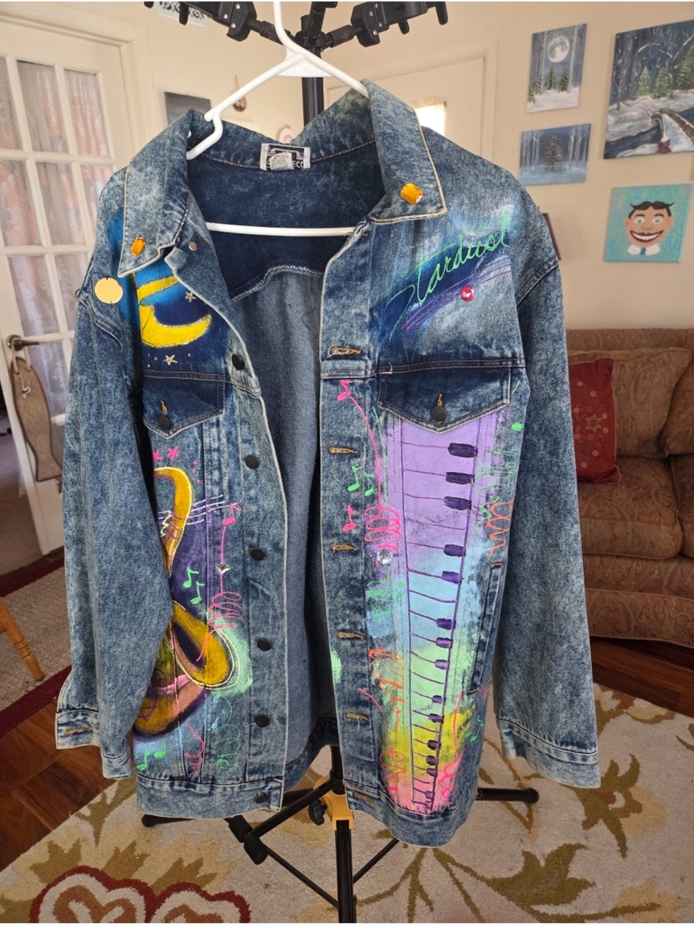 Vintage Hand-Painted Acid Wash Denim Jacket with Neon Piano & Sax Art - Picture 5 of 13